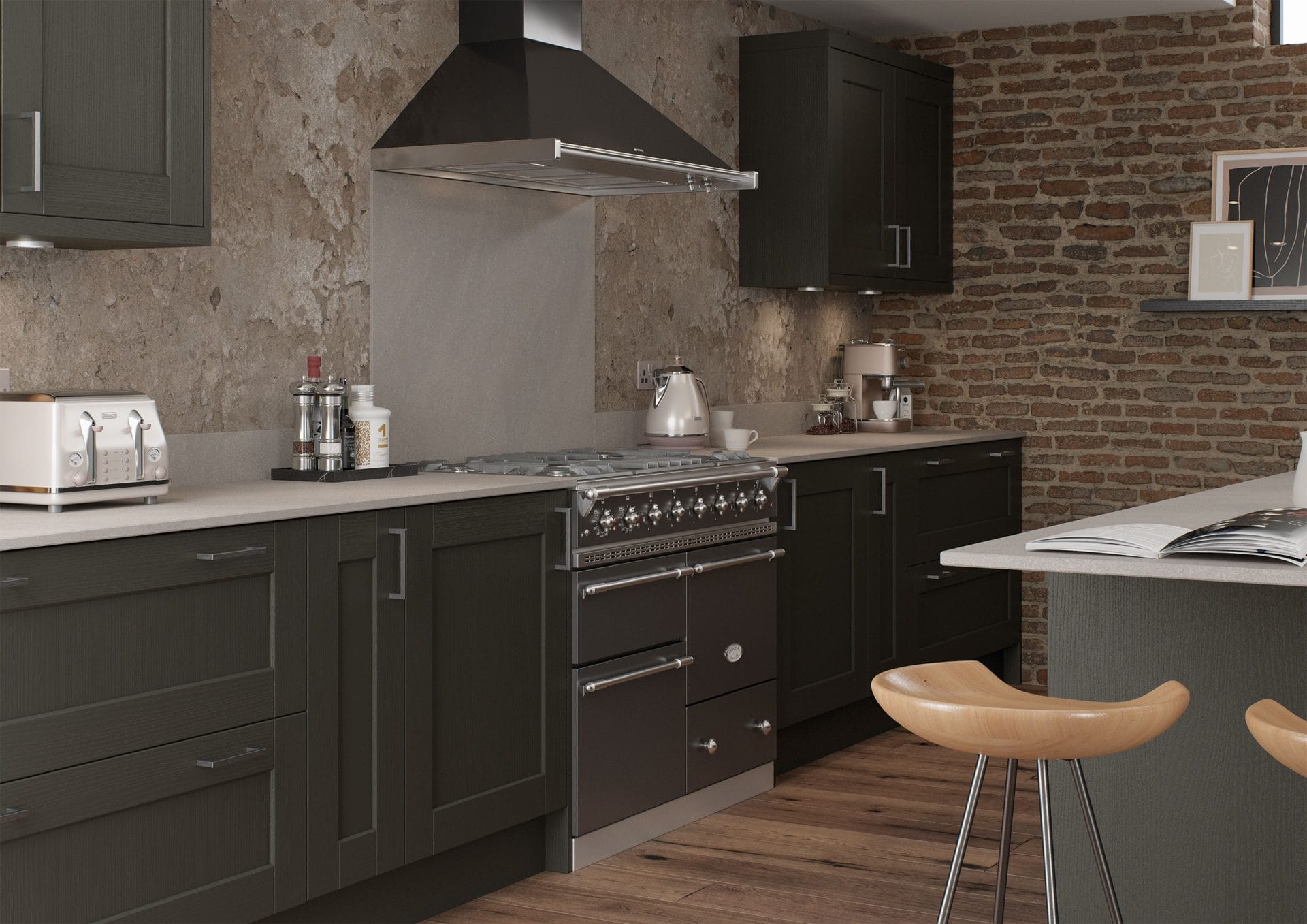 Dark shaker kitchen with range cooker, extractor hood and exposed brick wall