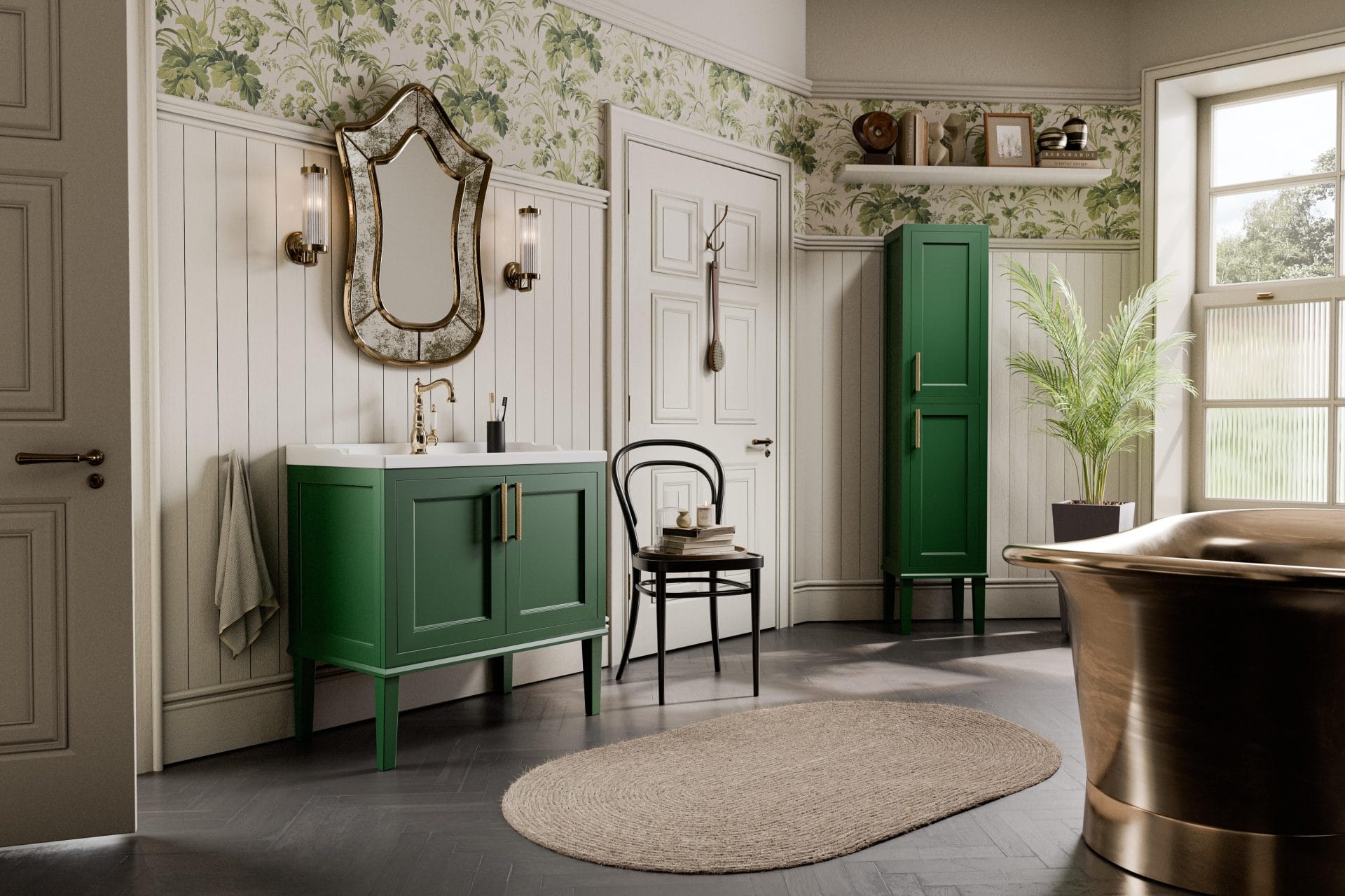 Traditional bathroom with green vanity unit, freestanding copper bath and botanical wallpaper