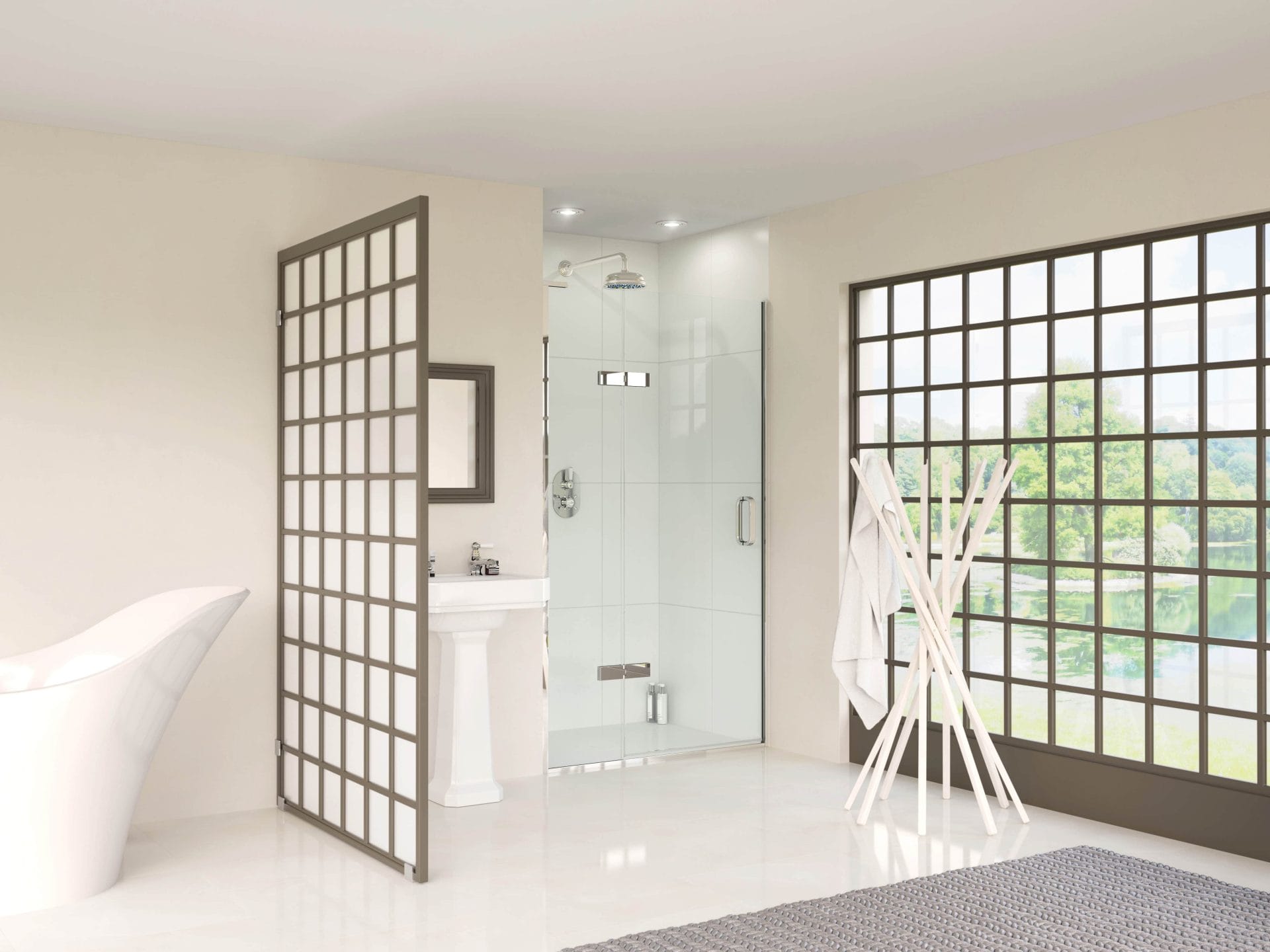 Contemporary bathroom with walk-in glass shower and industrial-style black framed screens