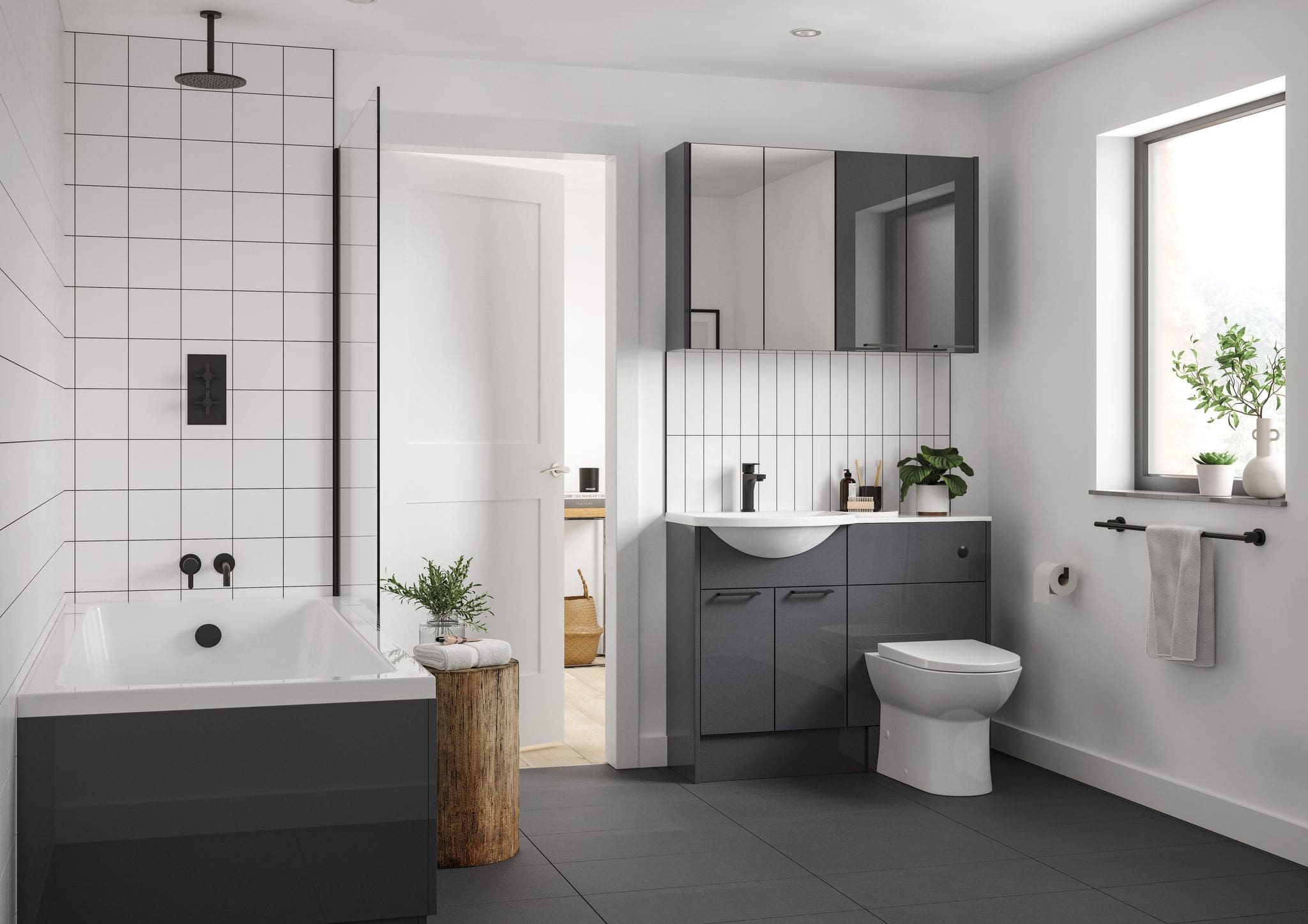 Modern grey bathroom with fitted vanity unit, bath and minimalist monochrome design